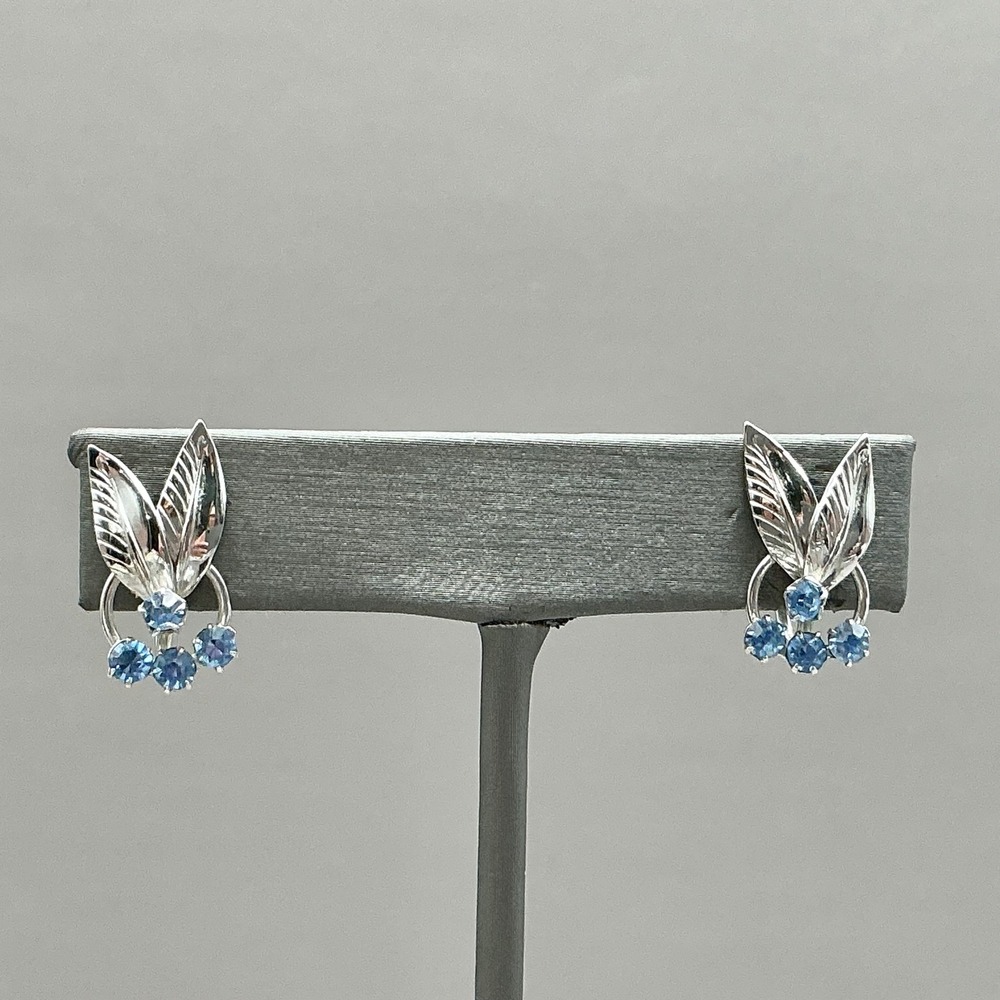 Carl Art Earrings Vintage Sterling Silver Blue Rhinestone Leaf Screw Back